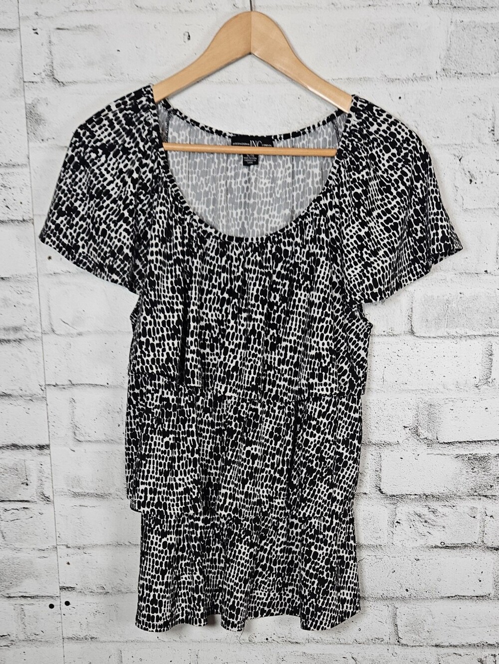 INC International Concepts Animal Print Peplum Blouse XL Black White